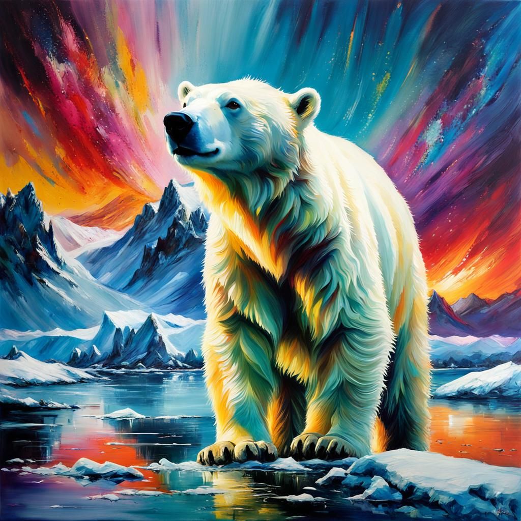 Cute Polar Bear in Encaustic Winter Landscape
