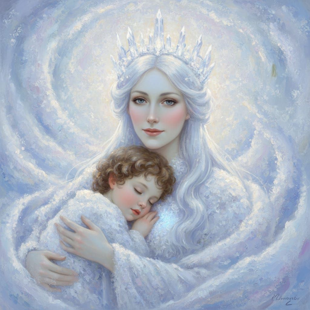Snow Queen and Child in Winter Dreamscape