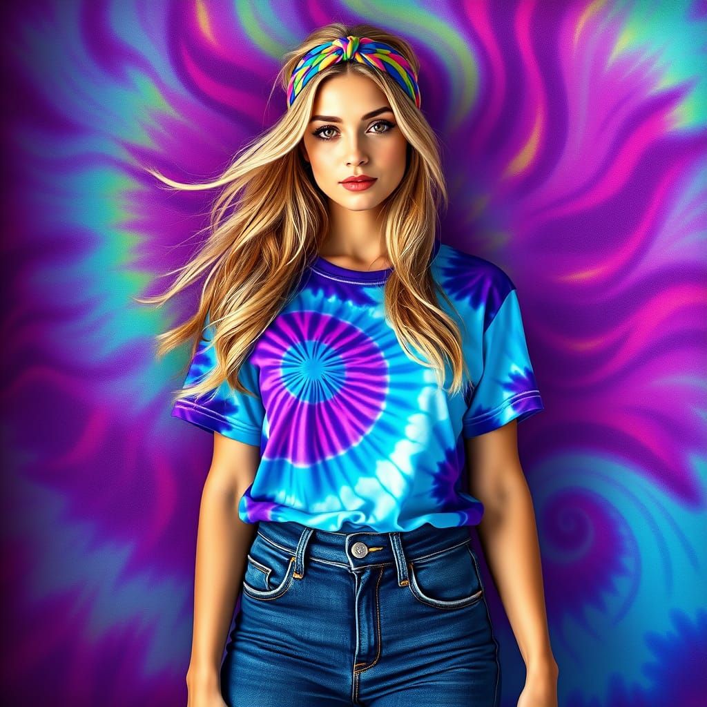 Surreal Woman in Vibrant Tie-Dye Dreamscape