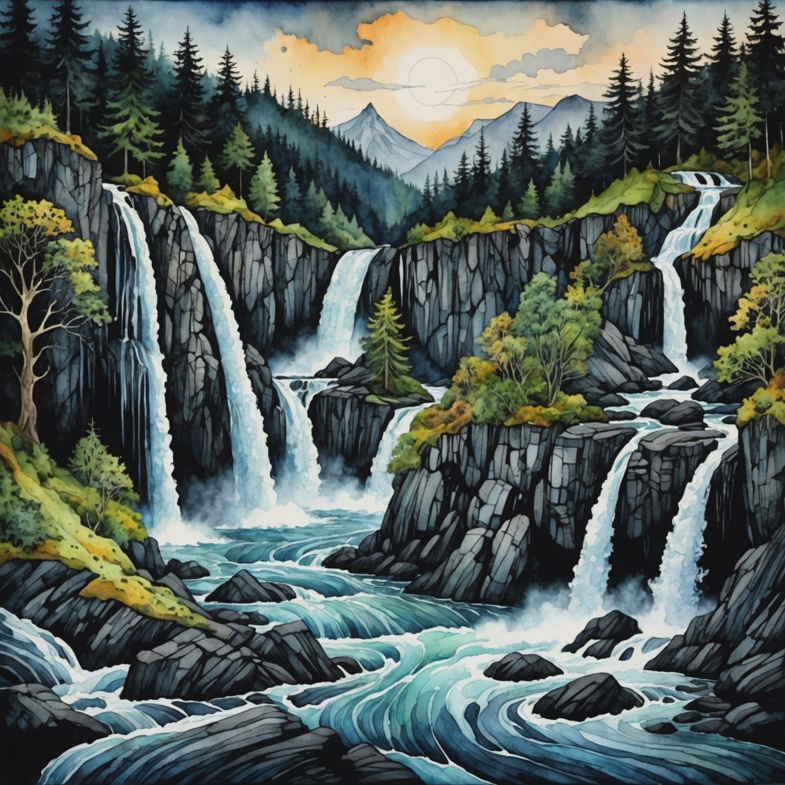 Magical Dark Fantasy Landscape in Watercolor