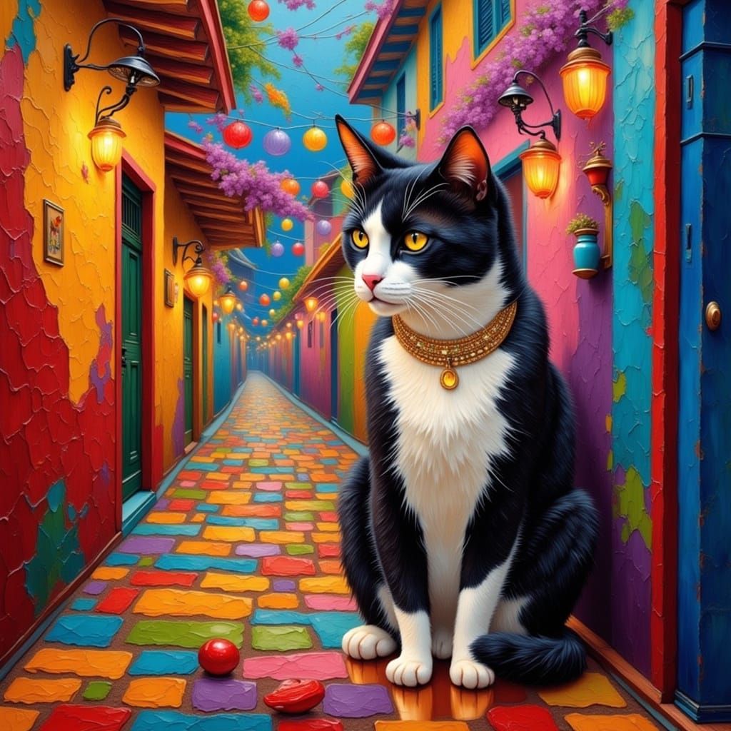 Vibrant Mexican Street Scene with Calm Tuxedo Cat