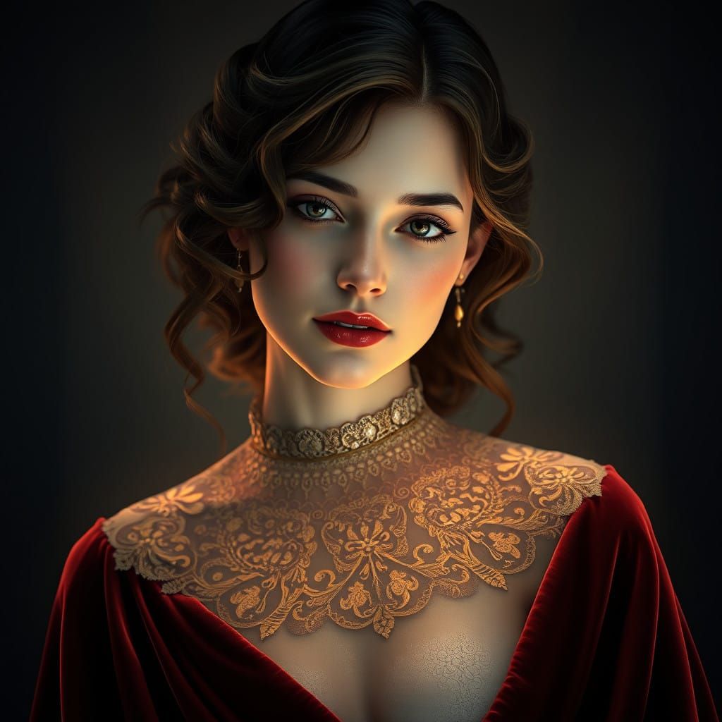 Ethereal Art Nouveau Goddess with Velvet Cloak