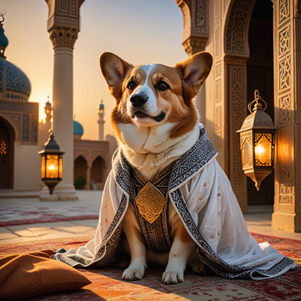 Majestic Corgi in Traditional Arabic Attire at Sunset
