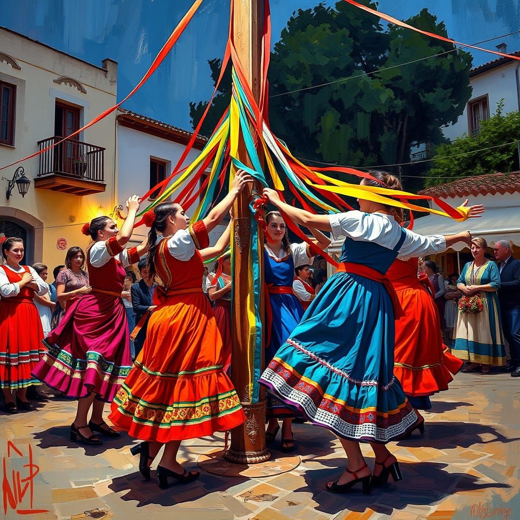 Vibrant Greek Gaitanaki Dance in Traditional Impasto Style