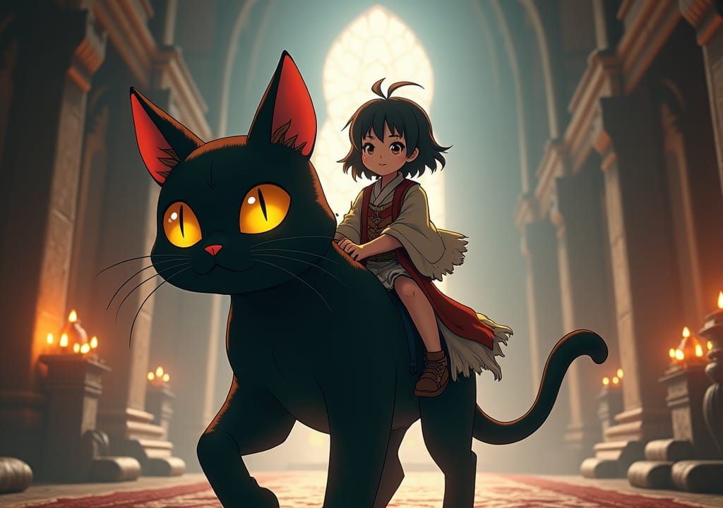 Girl Rides Giant Cat in Anime Castle
