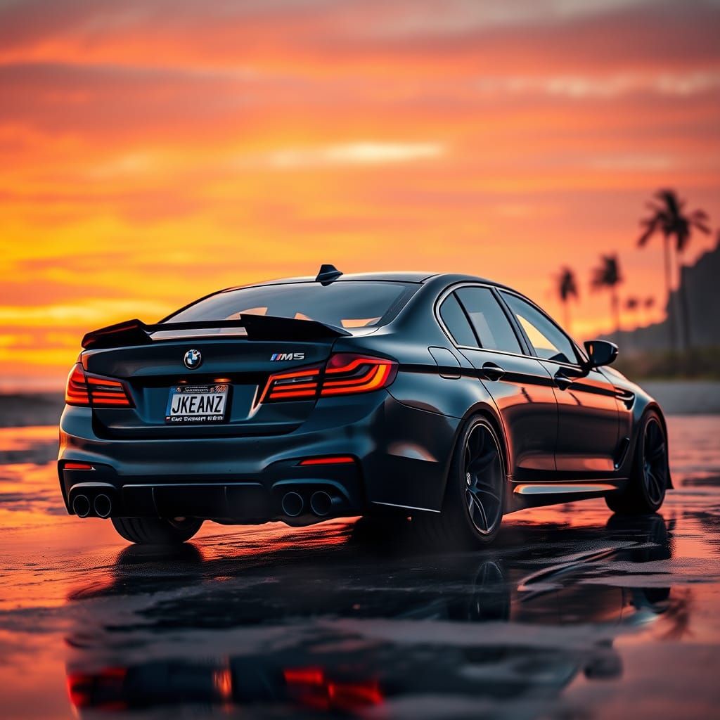 BMW M5 on Beach at Sunset in Cinematic Style