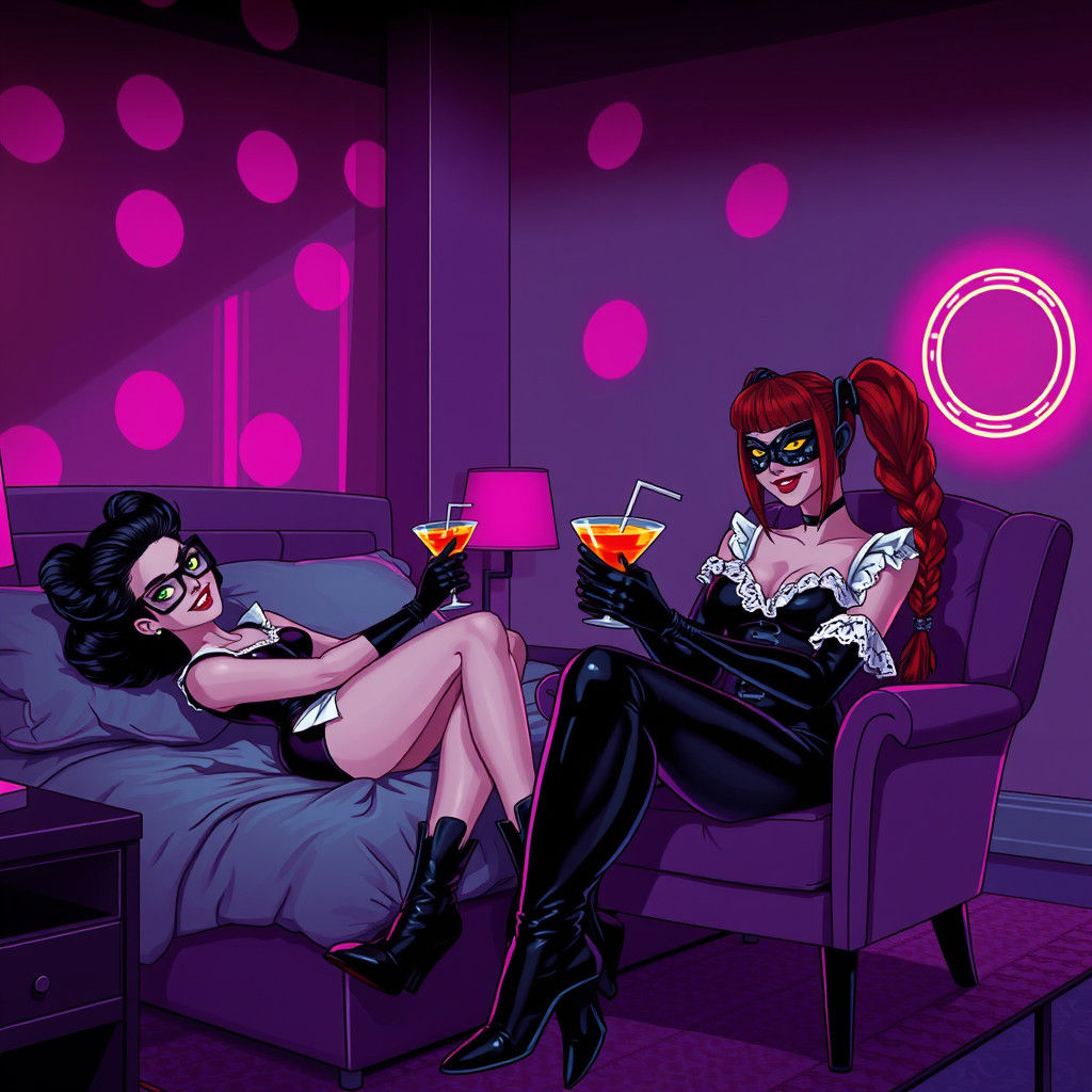 Two Maids Lounging in High-Tech Cyberpunk Hotel