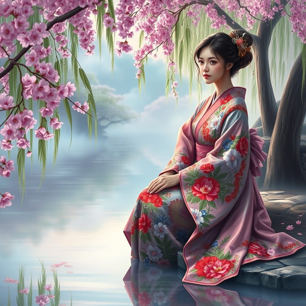 Woman in Floral Kimono by Calm Waterway