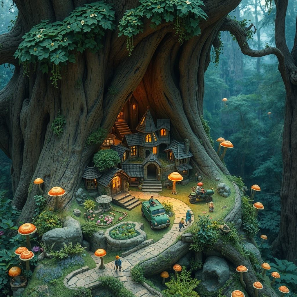 Miniature City Thrives in Enchanted Tree Stump