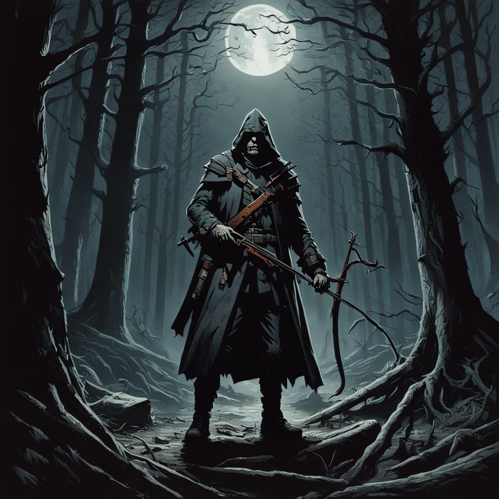 Witch Hunter in Dark Forest: A Dark Fantasy Scene