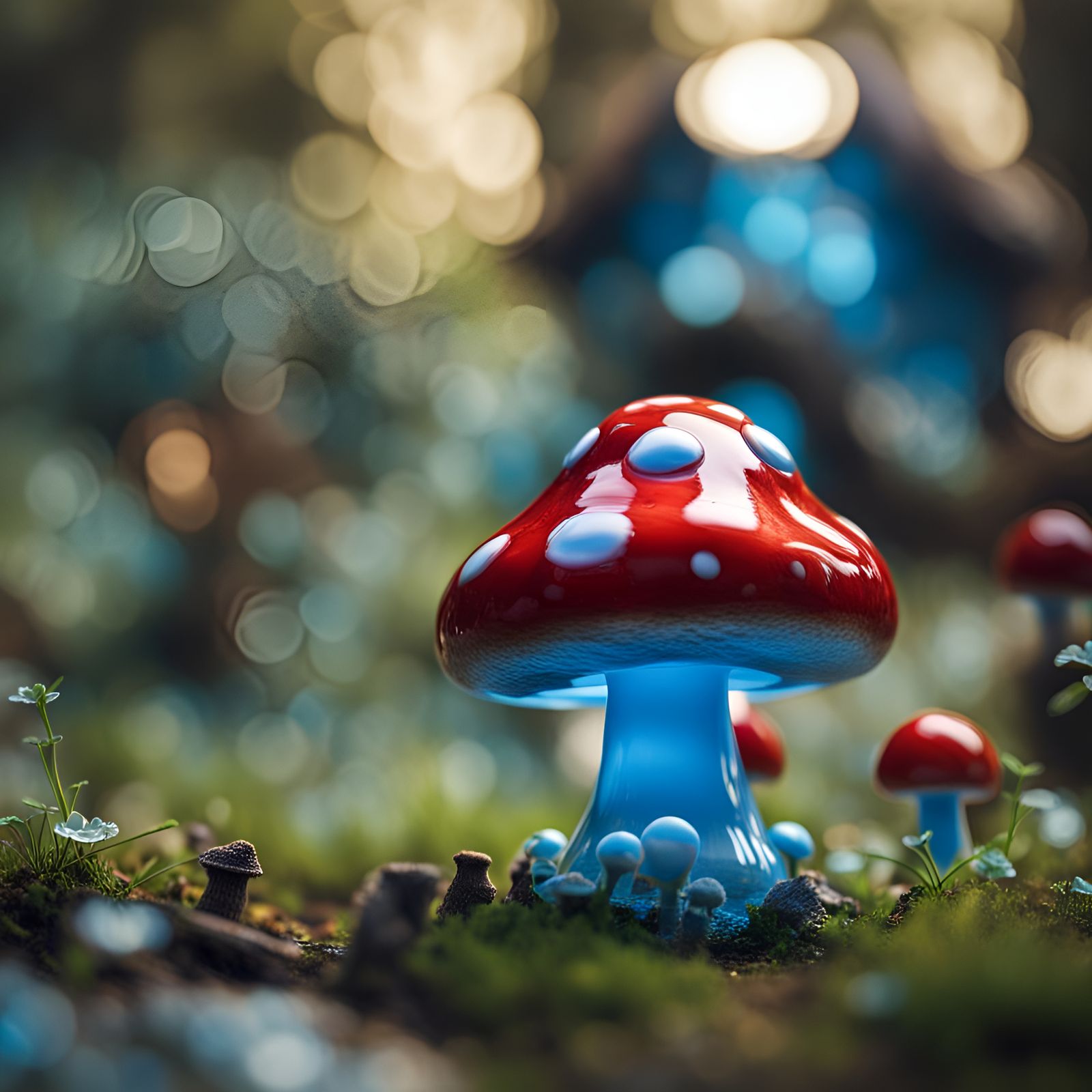 Steampunk Smurf Glass Mushroom Houses: Hyperrealistic Image