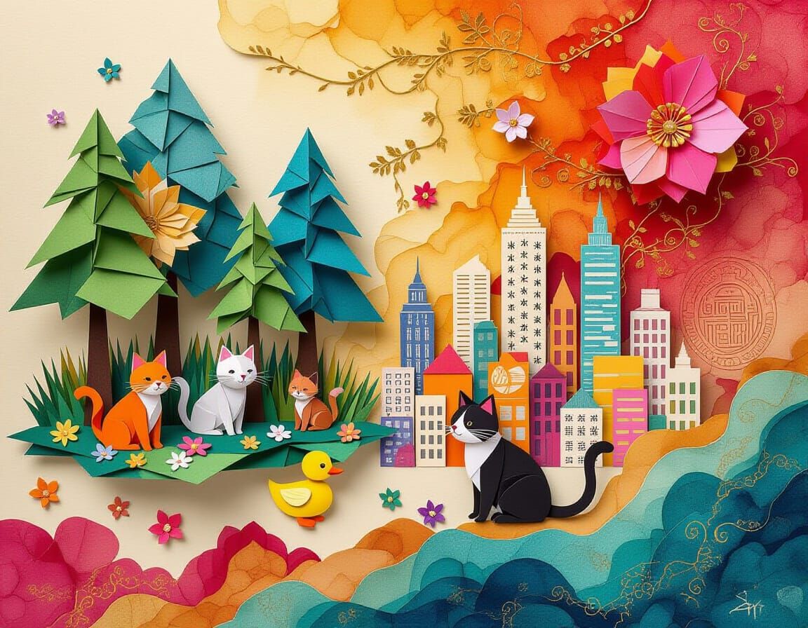 Whimsical Paper World with Origami Animals and Surreal Art