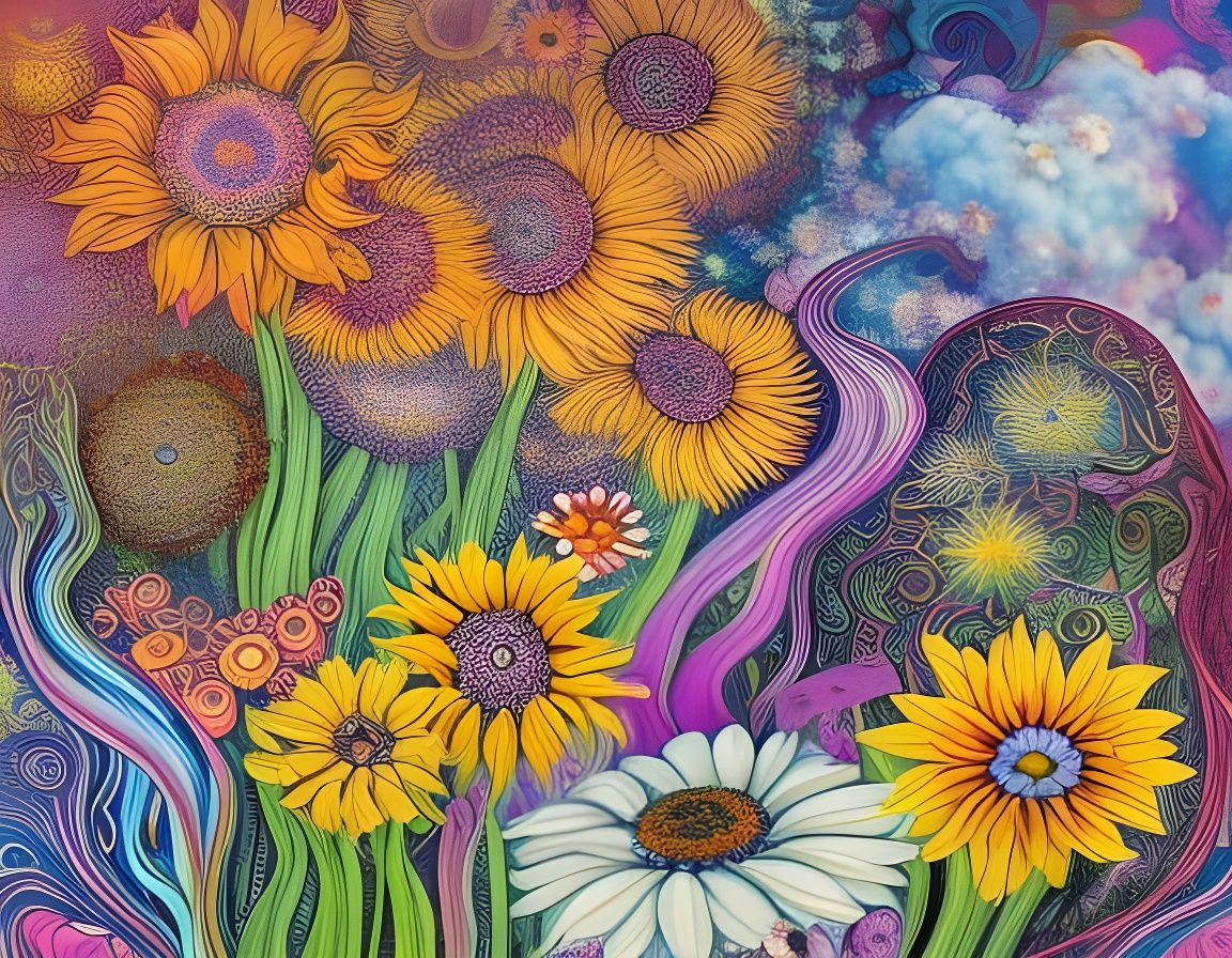 Psychedelic Meadow Ecosystem in Mixed Media Style