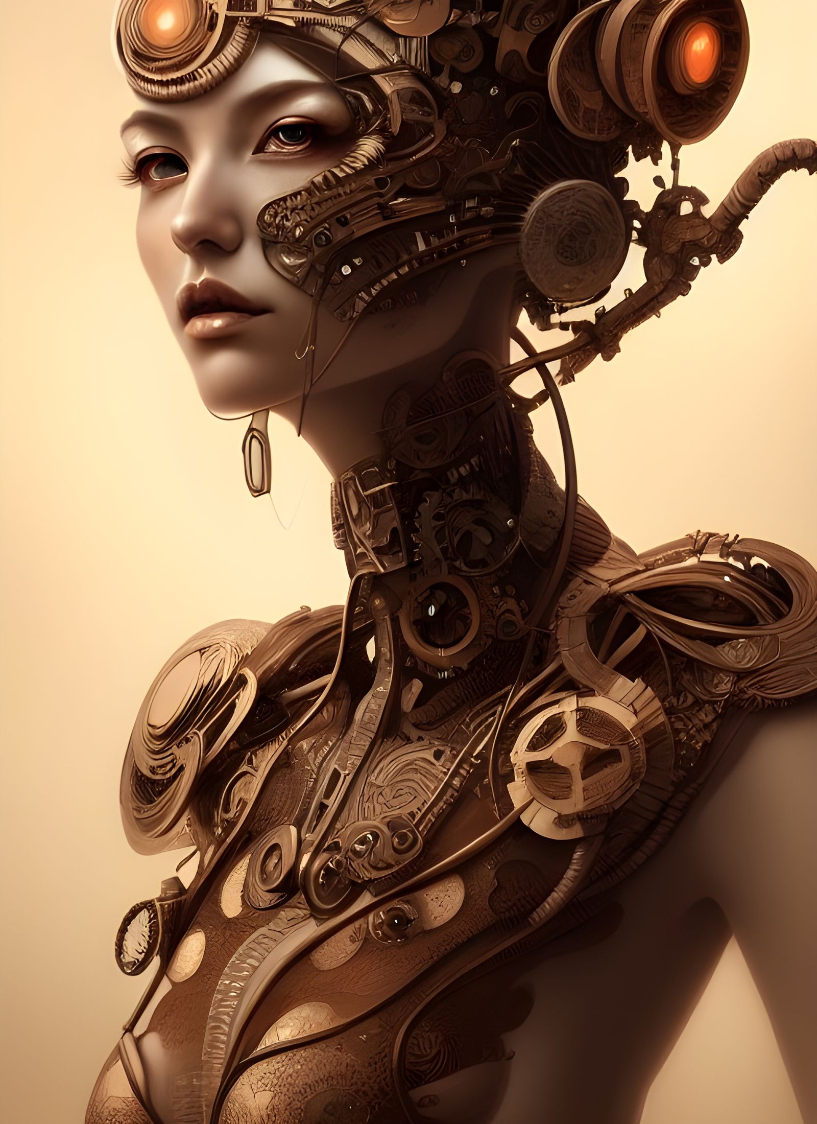 Steampunk Cyborg Goddess Portrait in Japanese Wood Carving S...