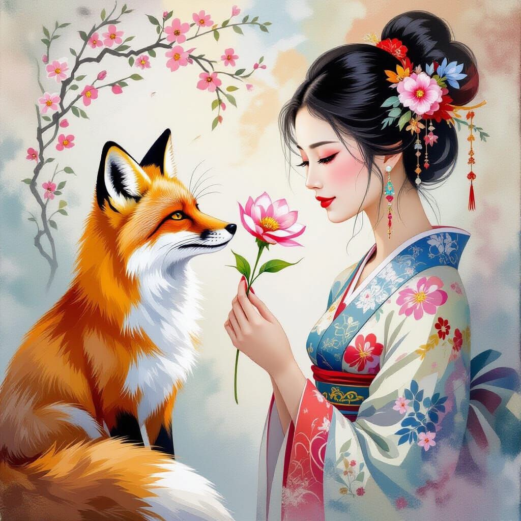 Asian Woman and Fox in Surreal Abstract Painting