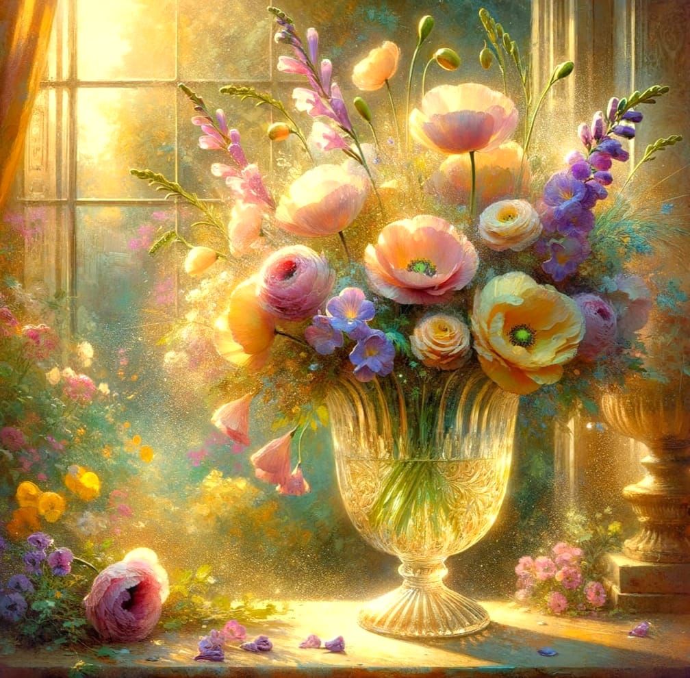 Delicate Crystal Vase Overflows with Poppies and Freesias in...