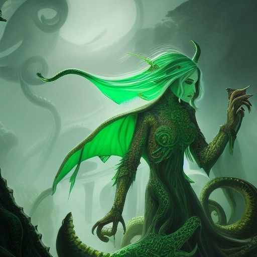 Elf Priestess Slaying Kraken: Fantasy Concept Art