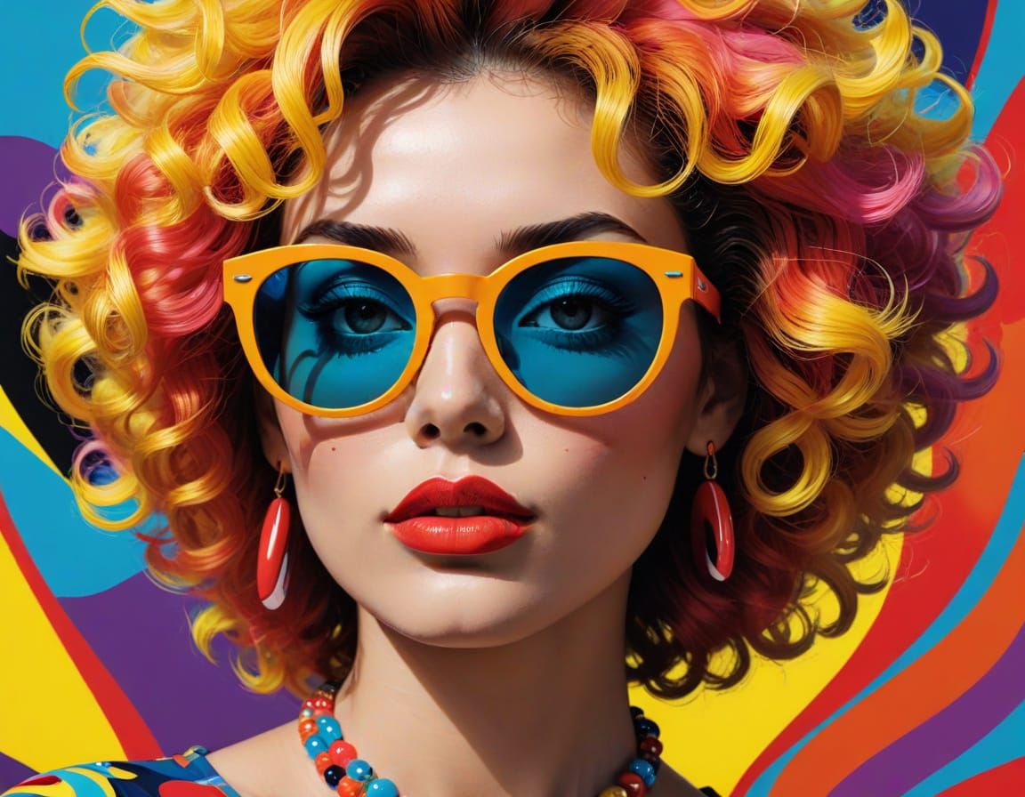 Vibrant Pop Art Portrait with Afro and Oversized Sunglasses