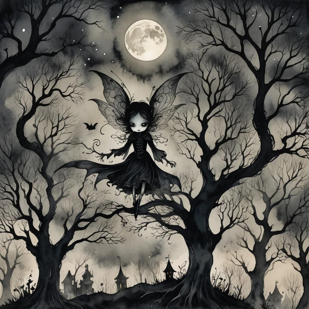 Chibi Vampire Fairy in Dark Whimsical Ink Wash