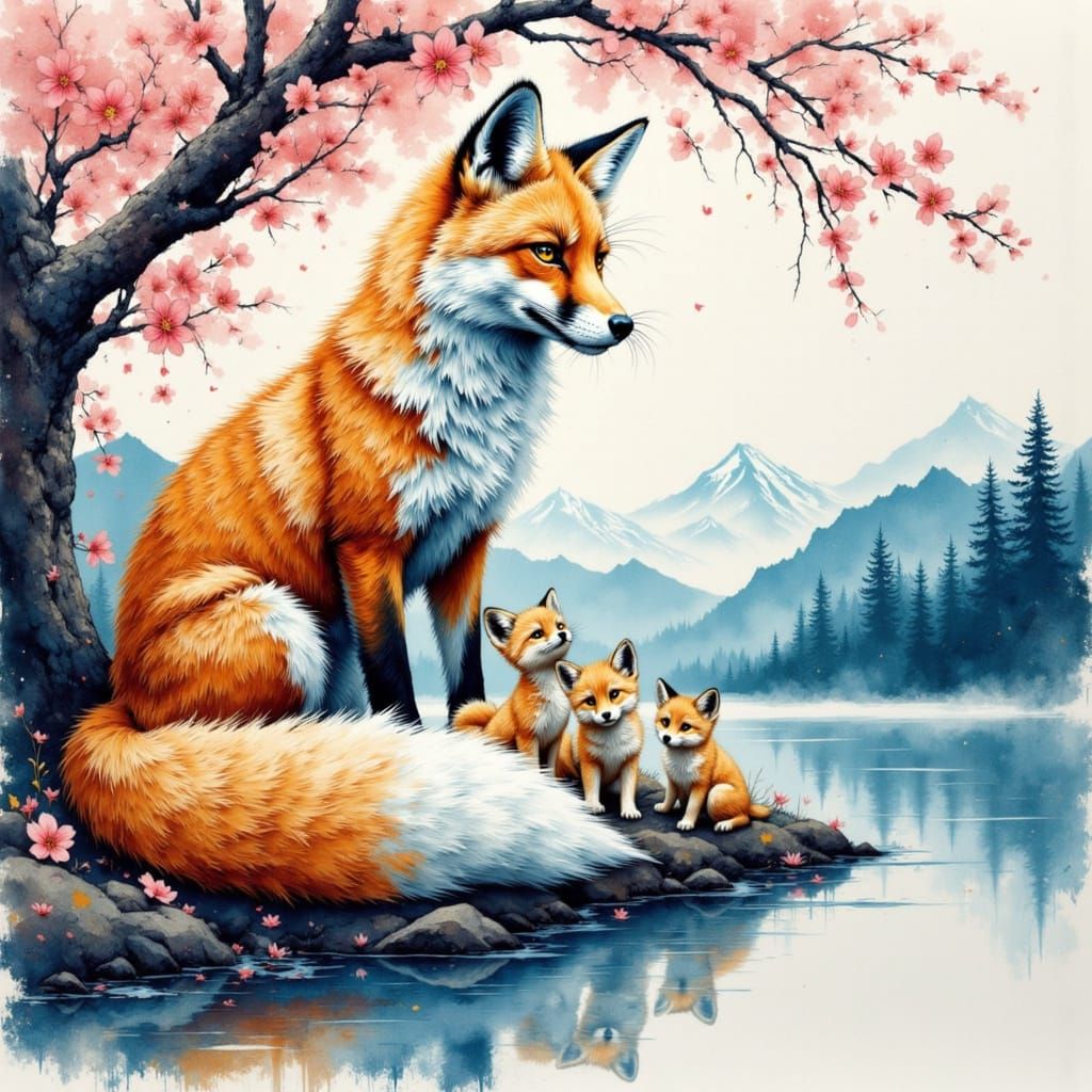 Regal Kitsune in Blossom Spring Landscape