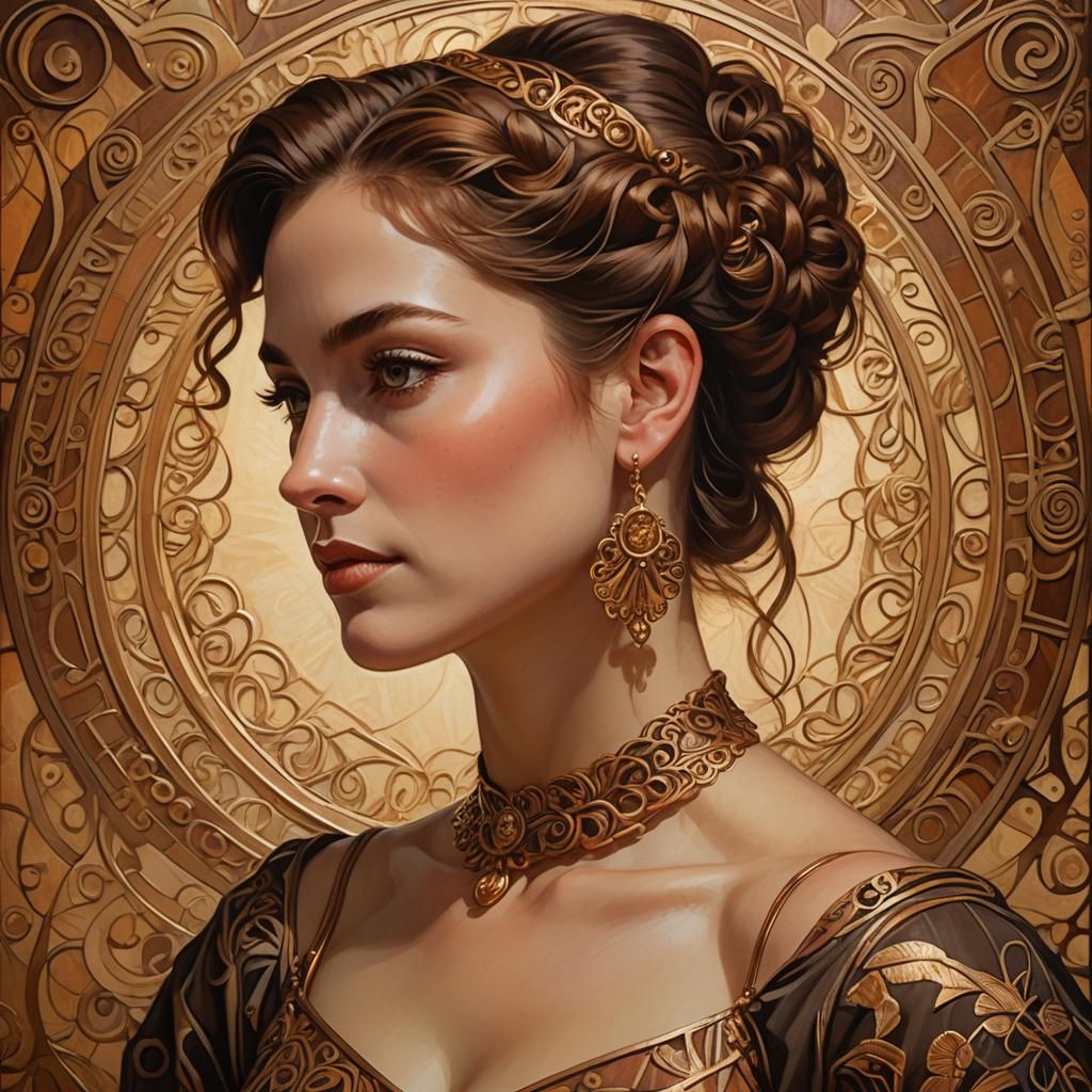 Art Nouveau Portrait of Woman with Copper Jewelry