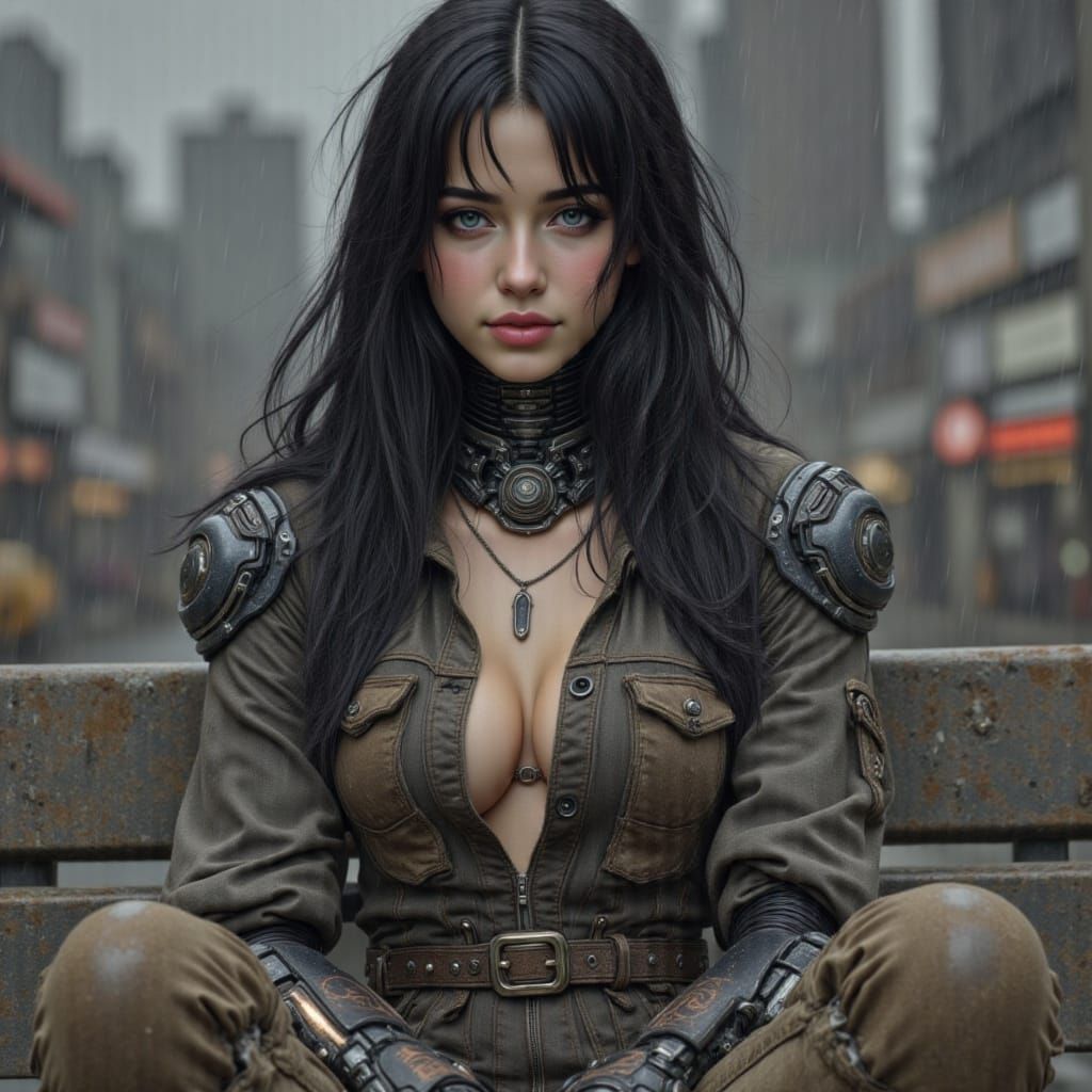 Cyberpunk Girl on Urban Bench in Rain