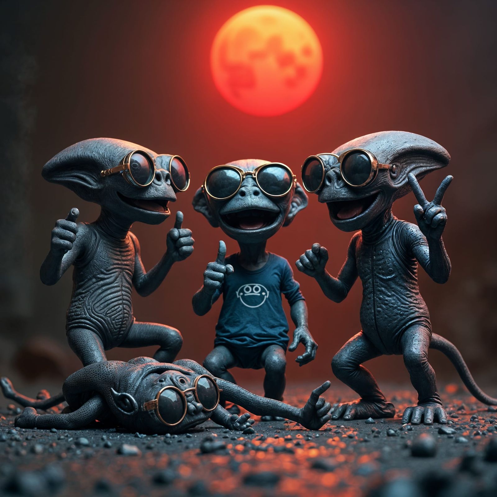 Humorous Aliens Expressing Laughter in Dark Art Style