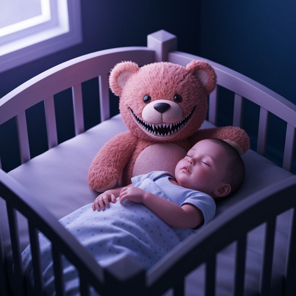 Evil Teddy Bear Grinning in Baby's Crib