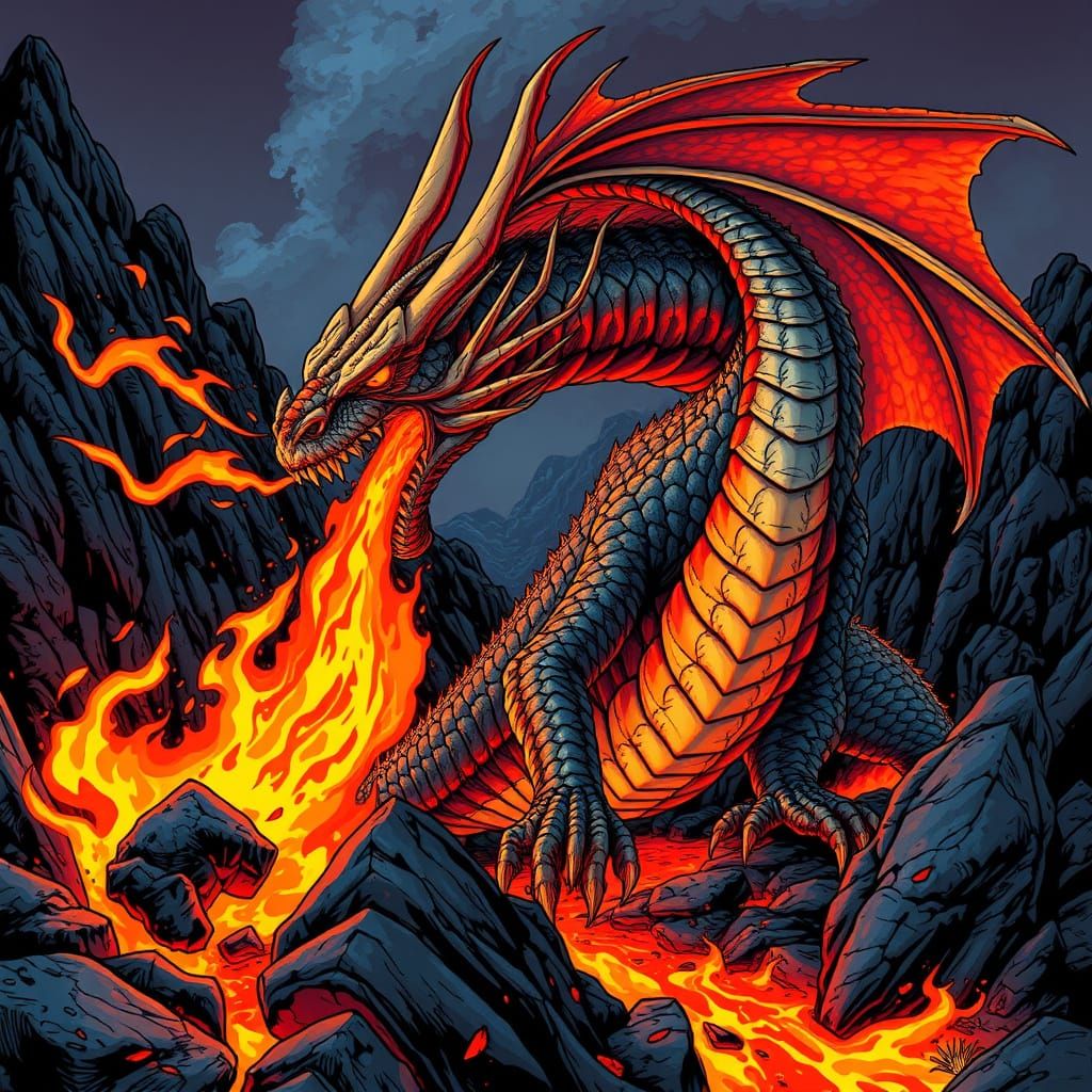 Majestic Lava Dragon in Comic Book Style