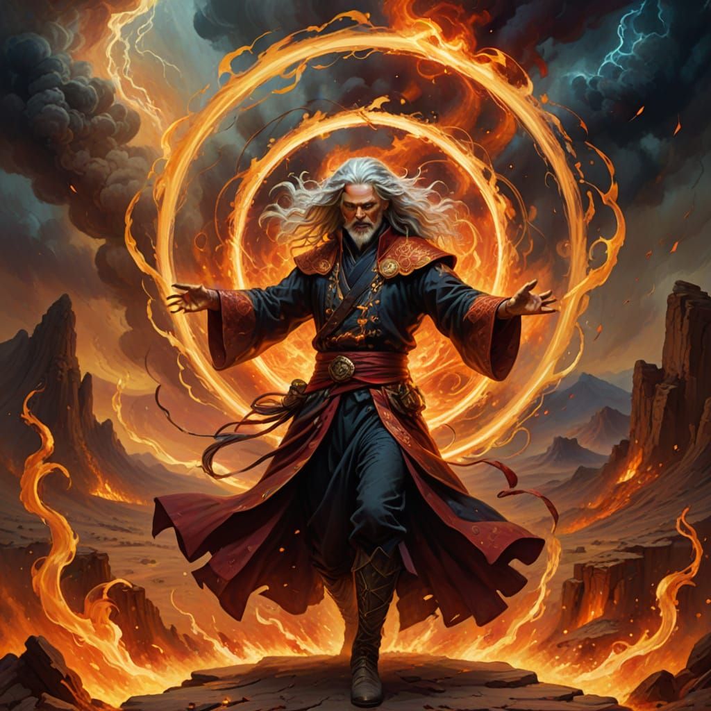 Male Fire Witch Summons Dancing Embers in Desert Storm Oil P...