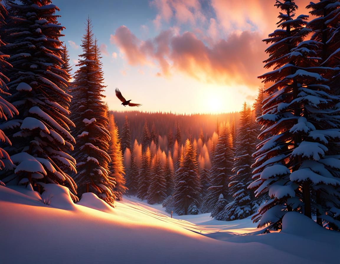 Blackbird Foraging in Snowy Pine Forest
