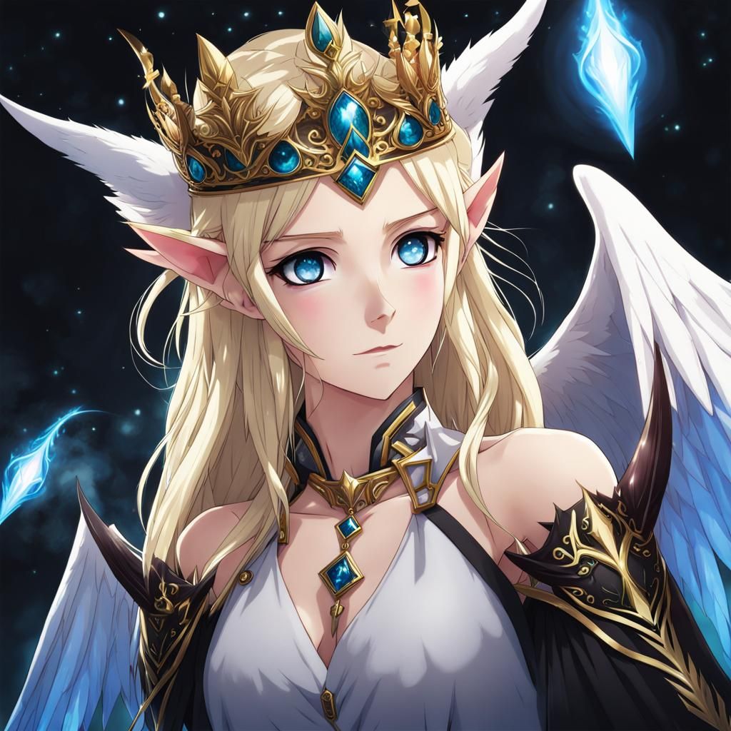 Blonde Elf Queen with Black Wings, Anime Style
