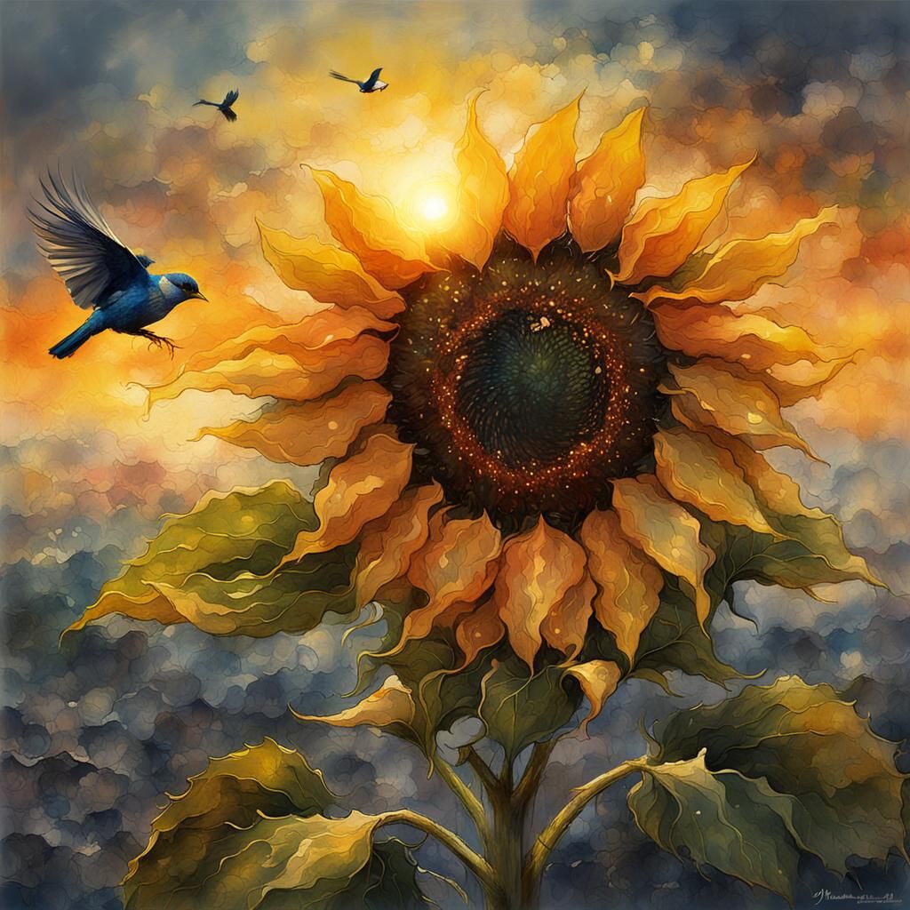 Sunflower and Bird at Sunset: Detailed Matte Painting