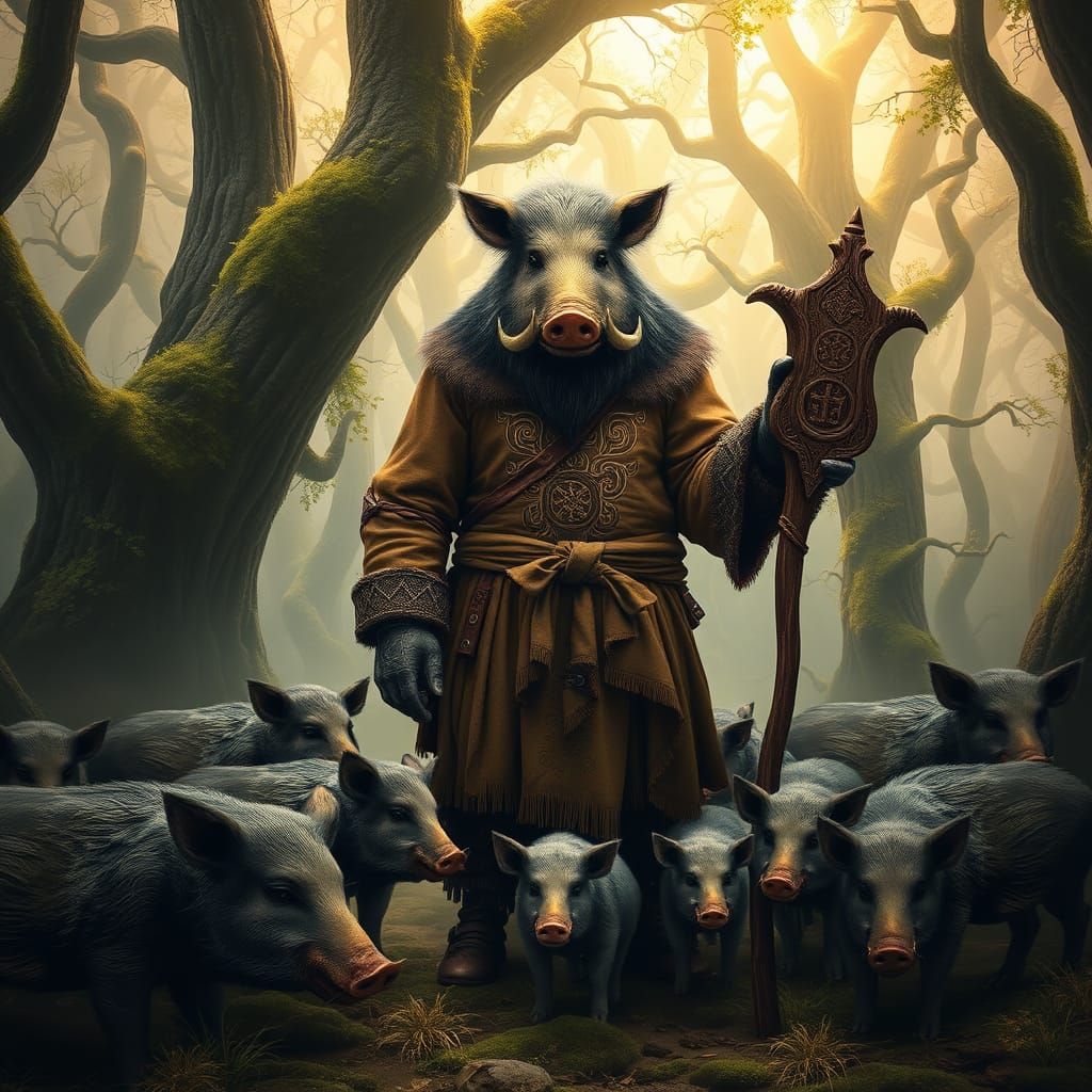 Stout Druidic Figure with Boar's Head, Surrounded by Wild Bo...