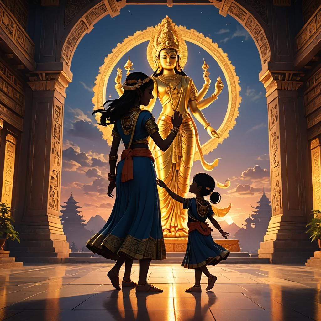 Mother and Daughter Dancing Before Vishnu: 3D Anime Art