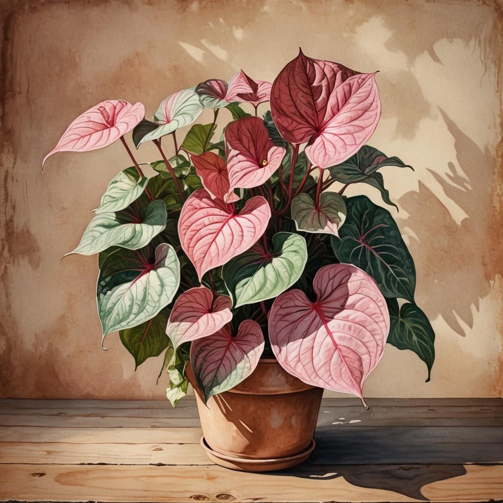 Botanical Watercolor of Caladium Plant in Terracotta Pot