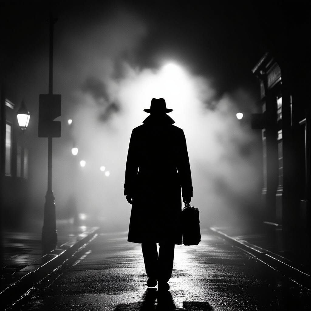 Shadowed Figure on Foggy Street in Noir Style