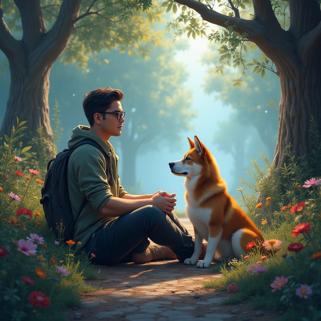 Tranquil Man and Dog in Fantastical Realm