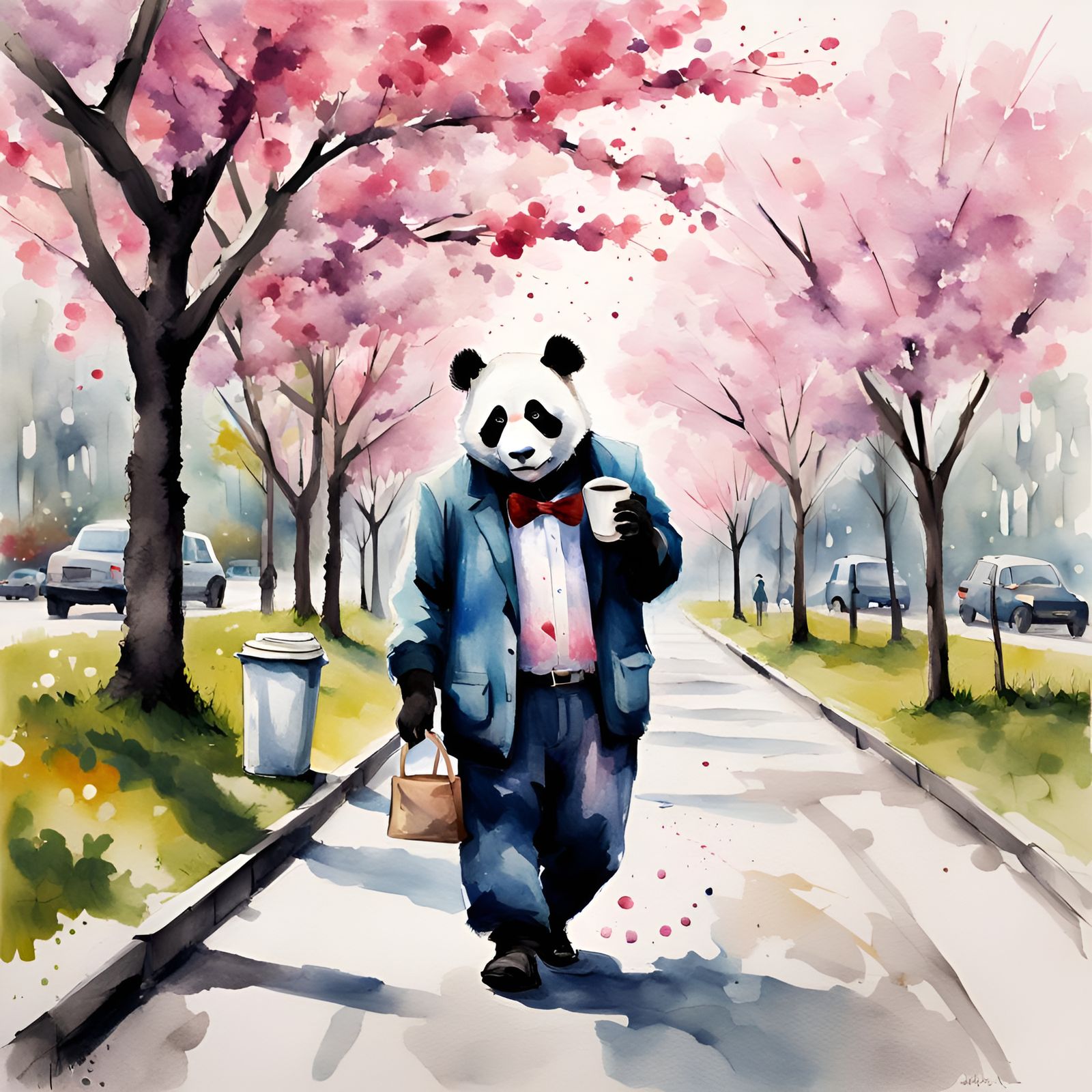 Panda Enjoys Cherry Blossoms: Watercolor Impression