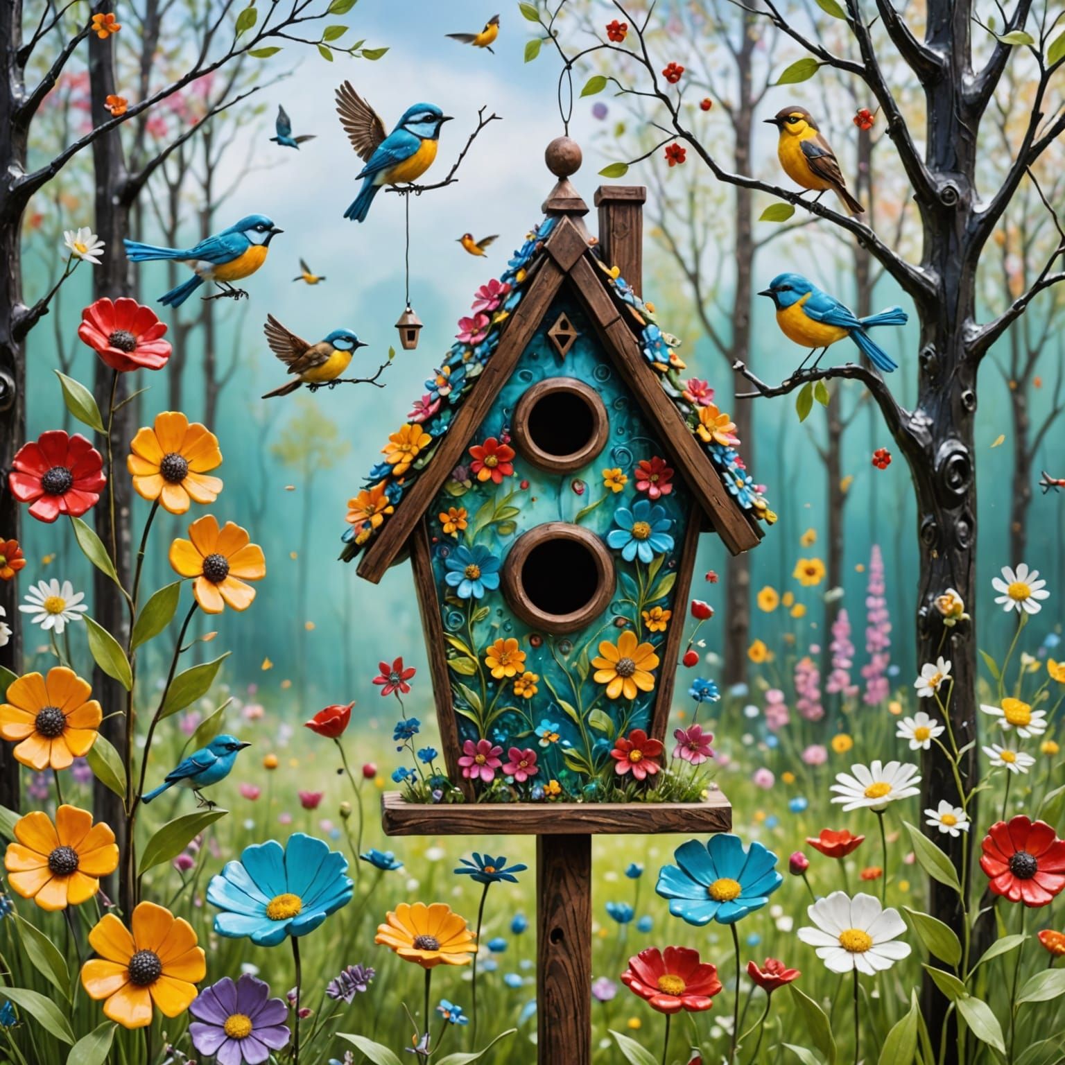 Whimsical Mixed Media Decoration Among Blooming Flowers and ...