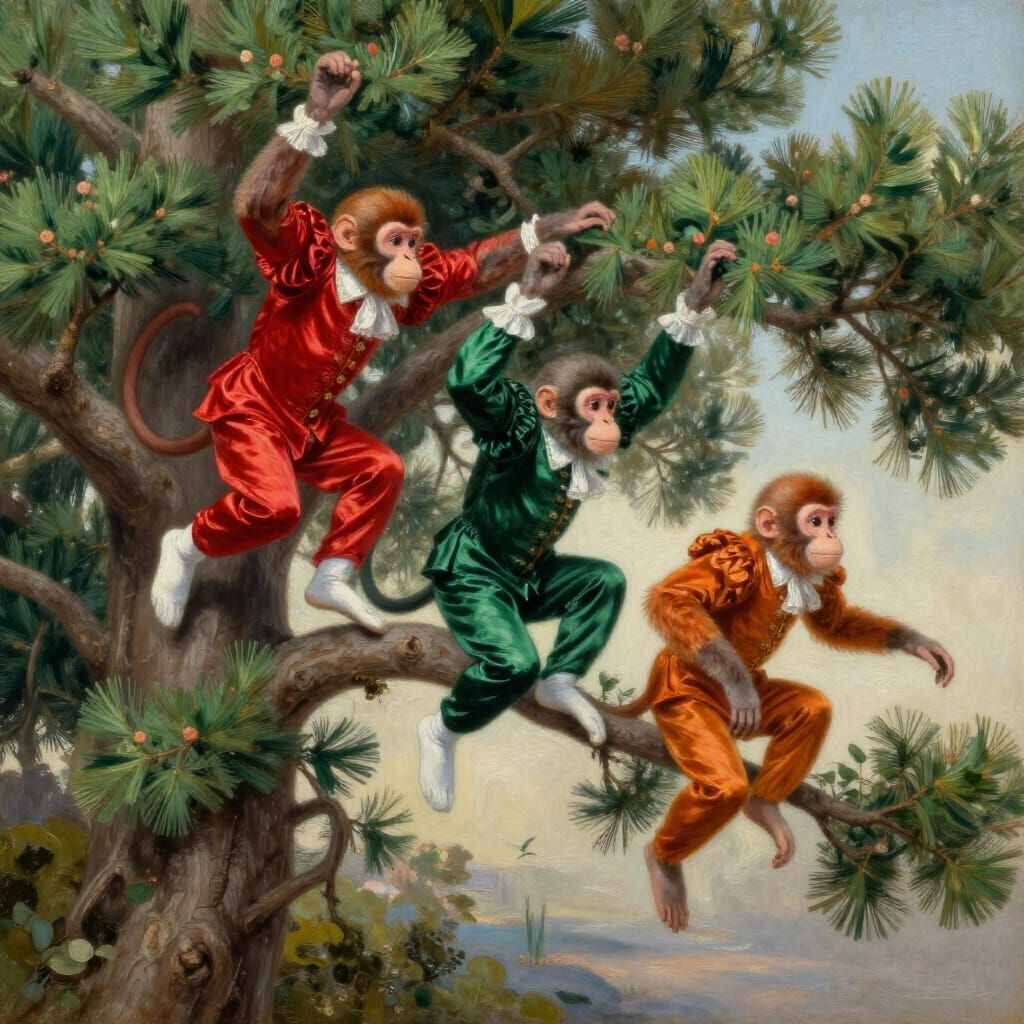 Monkeys in Aristocratic Attire Climb Cypress Tree Painting