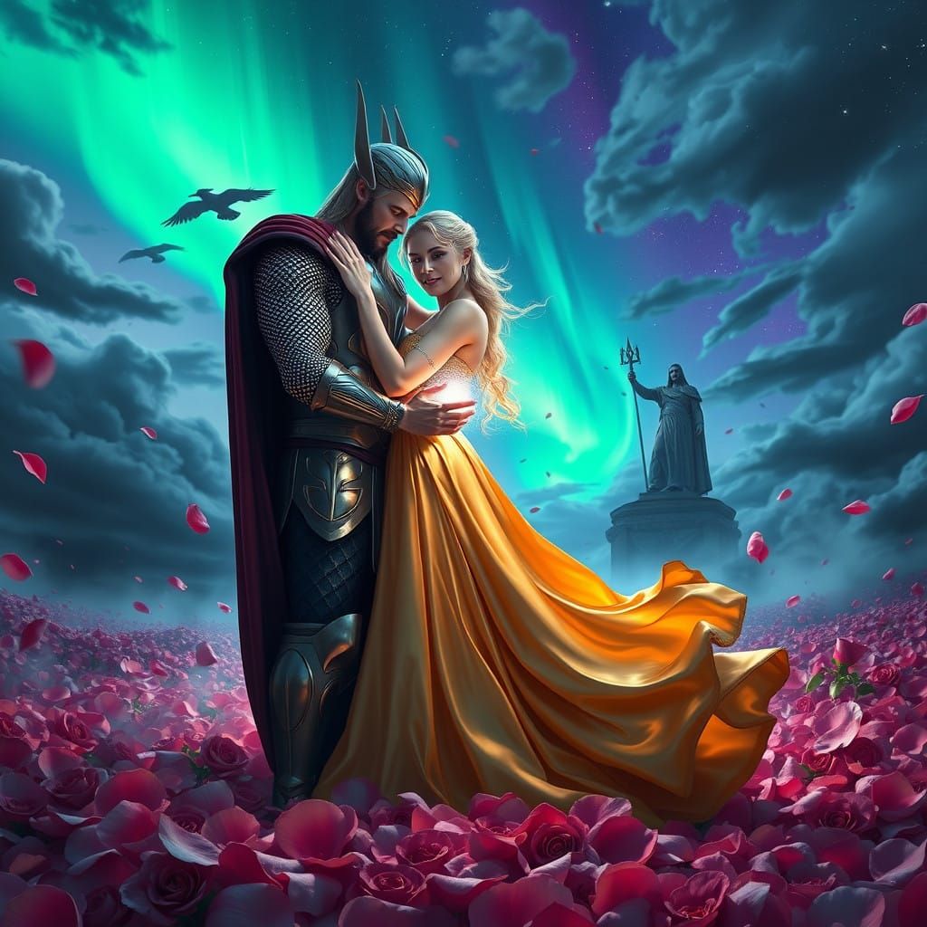 Asgardian Gods in Whimsical Elegance Amidst a Cosmic Rose Ga...