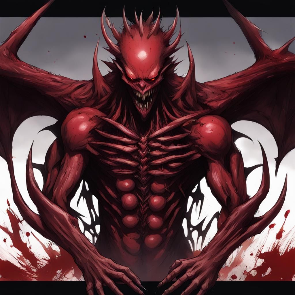 Gaunt Crimson Creature with Fangs and Spikes as Anime Art