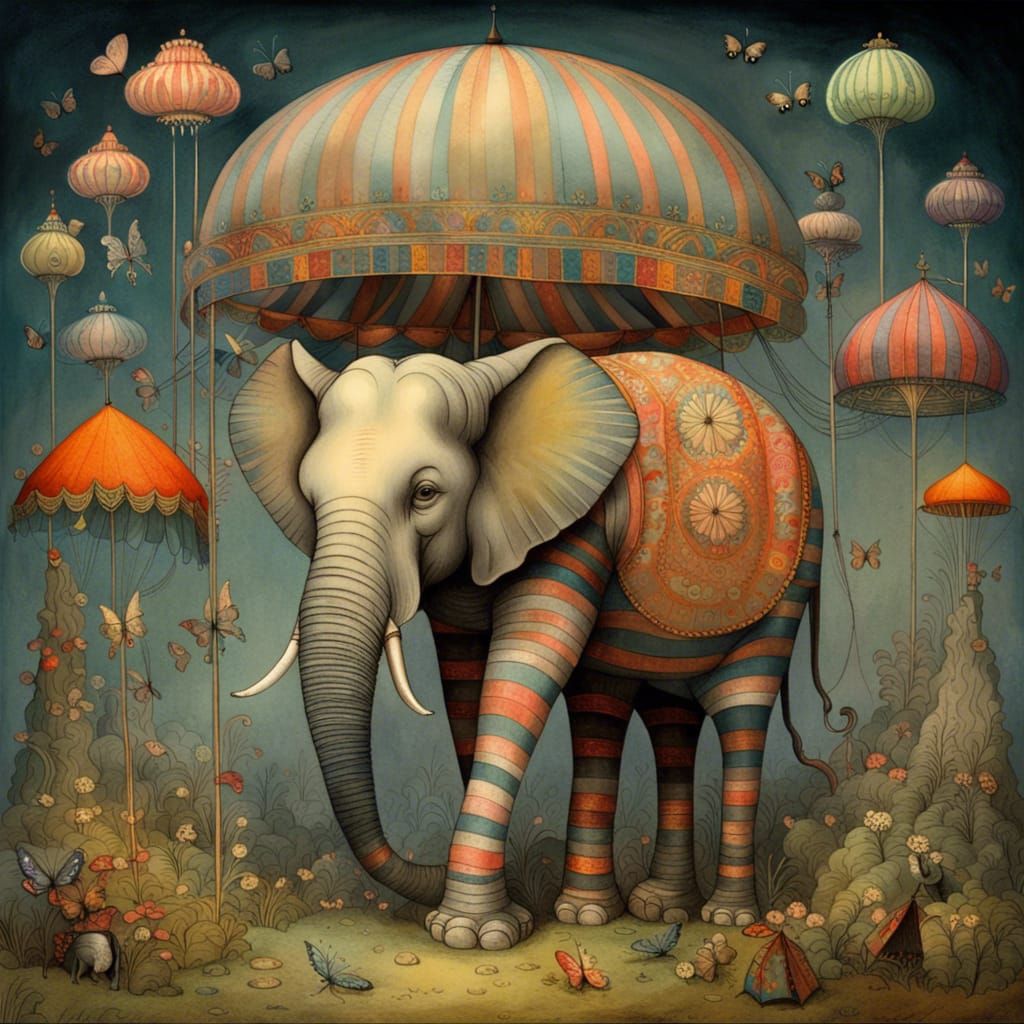 Surreal Elephant with Striped Tents and Butterflies