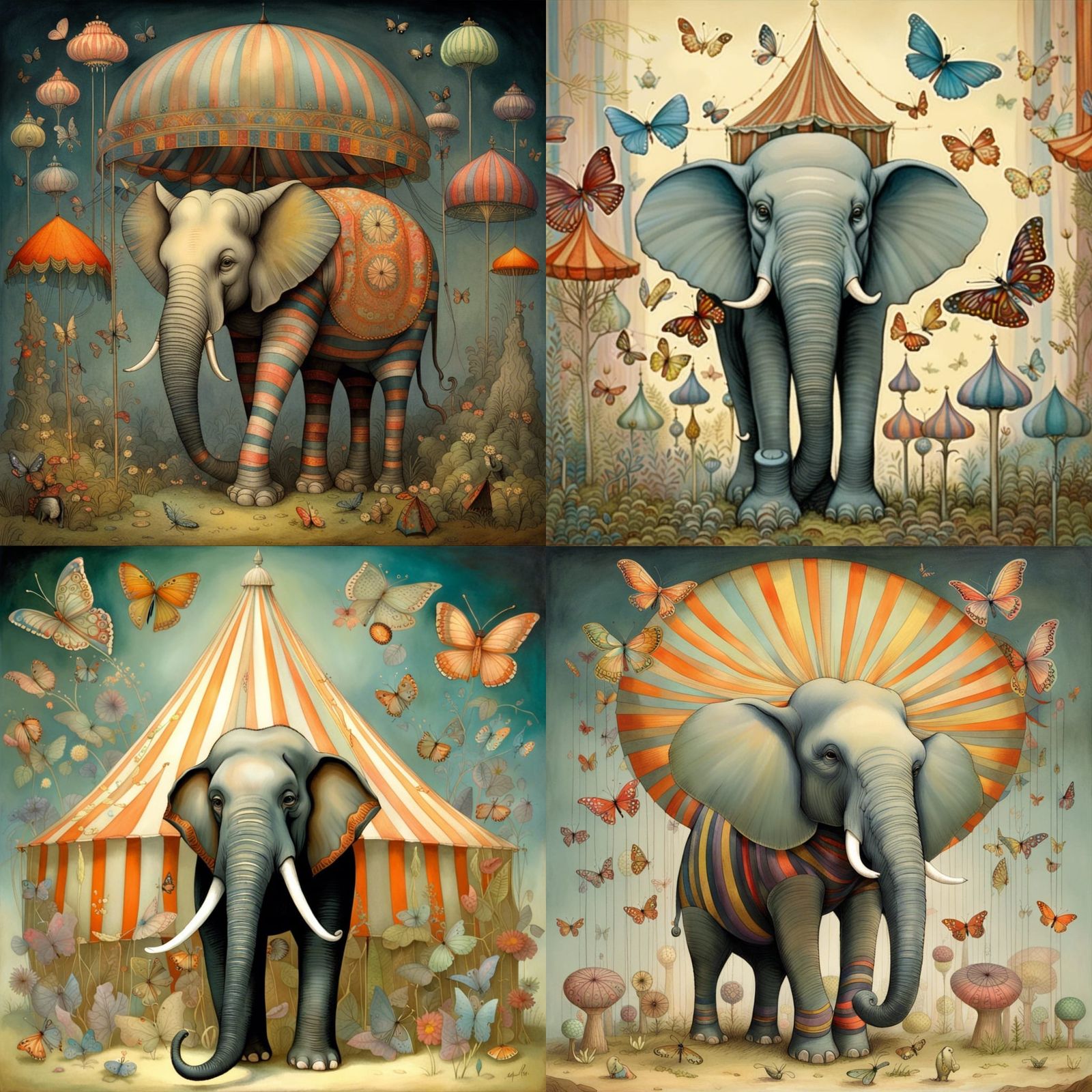 Surreal Elephant with Tents and Butterflies