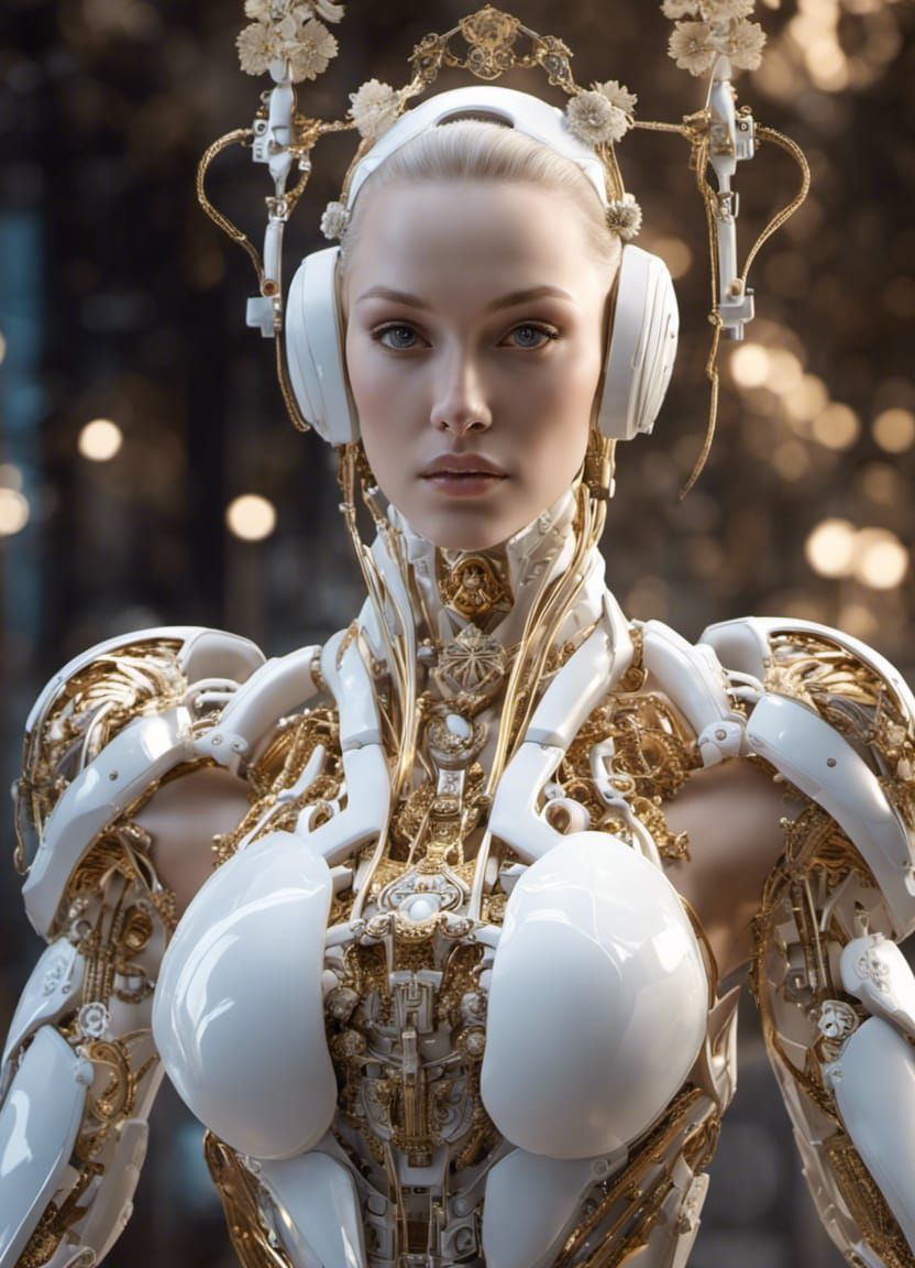 Porcelain Cyborg Valkyrie in Luxurious Cyberpunk Style