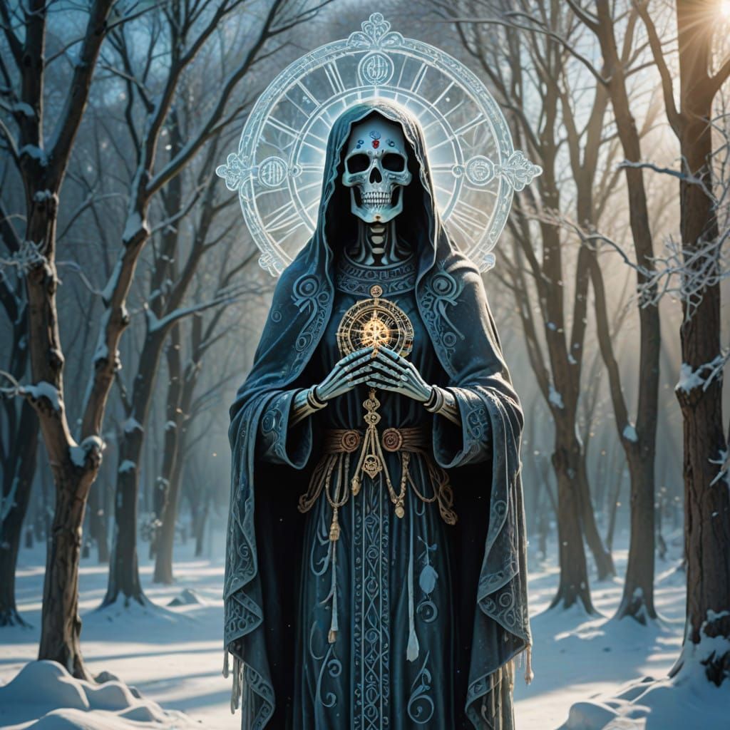 Ethereal Santa Muerte in Winter Wonderland
