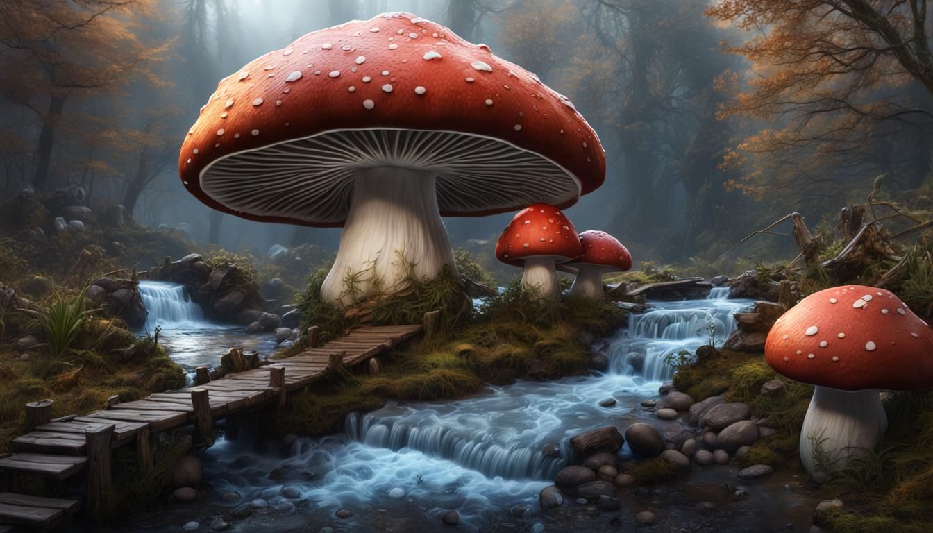 Icy Giant Mushroom by Stream: Detailed Matte Painting