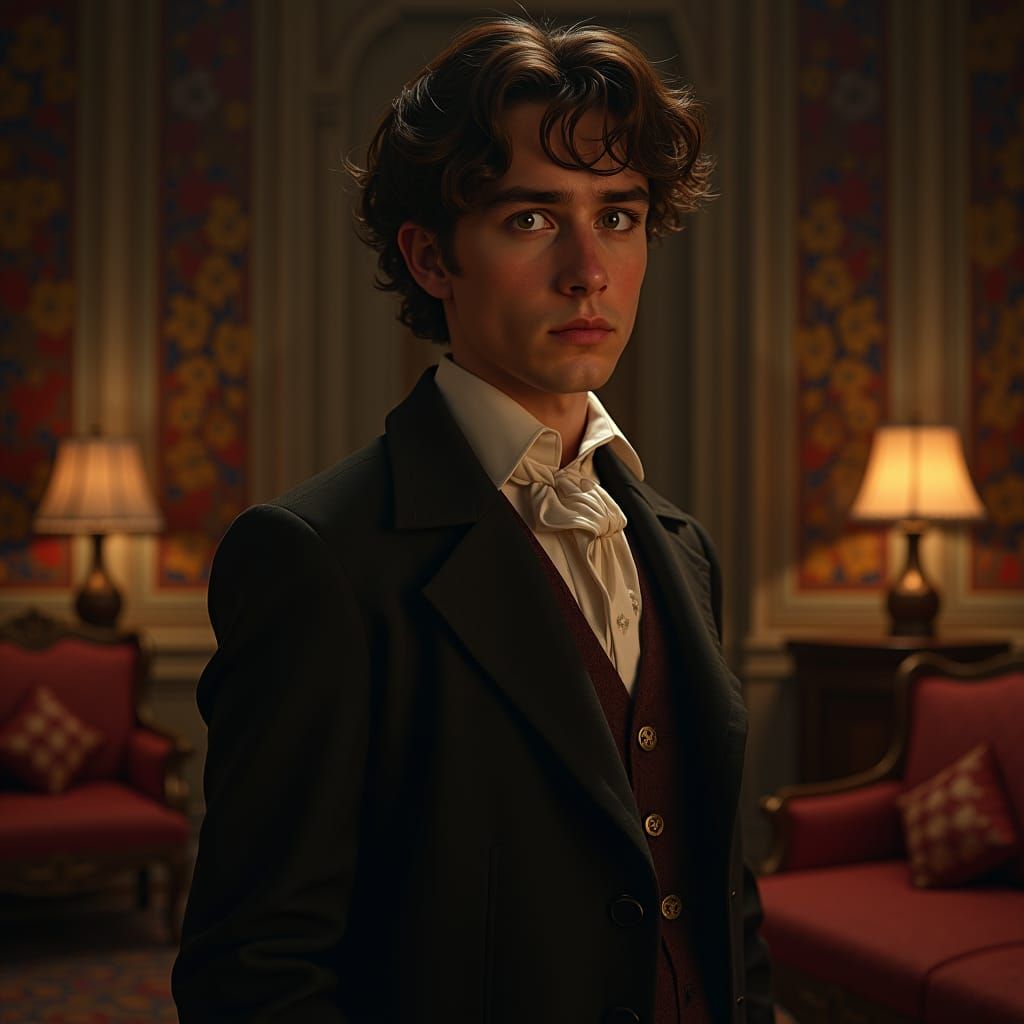 Melancholy Pip in Opulent Room: Hyperrealistic Concept Art