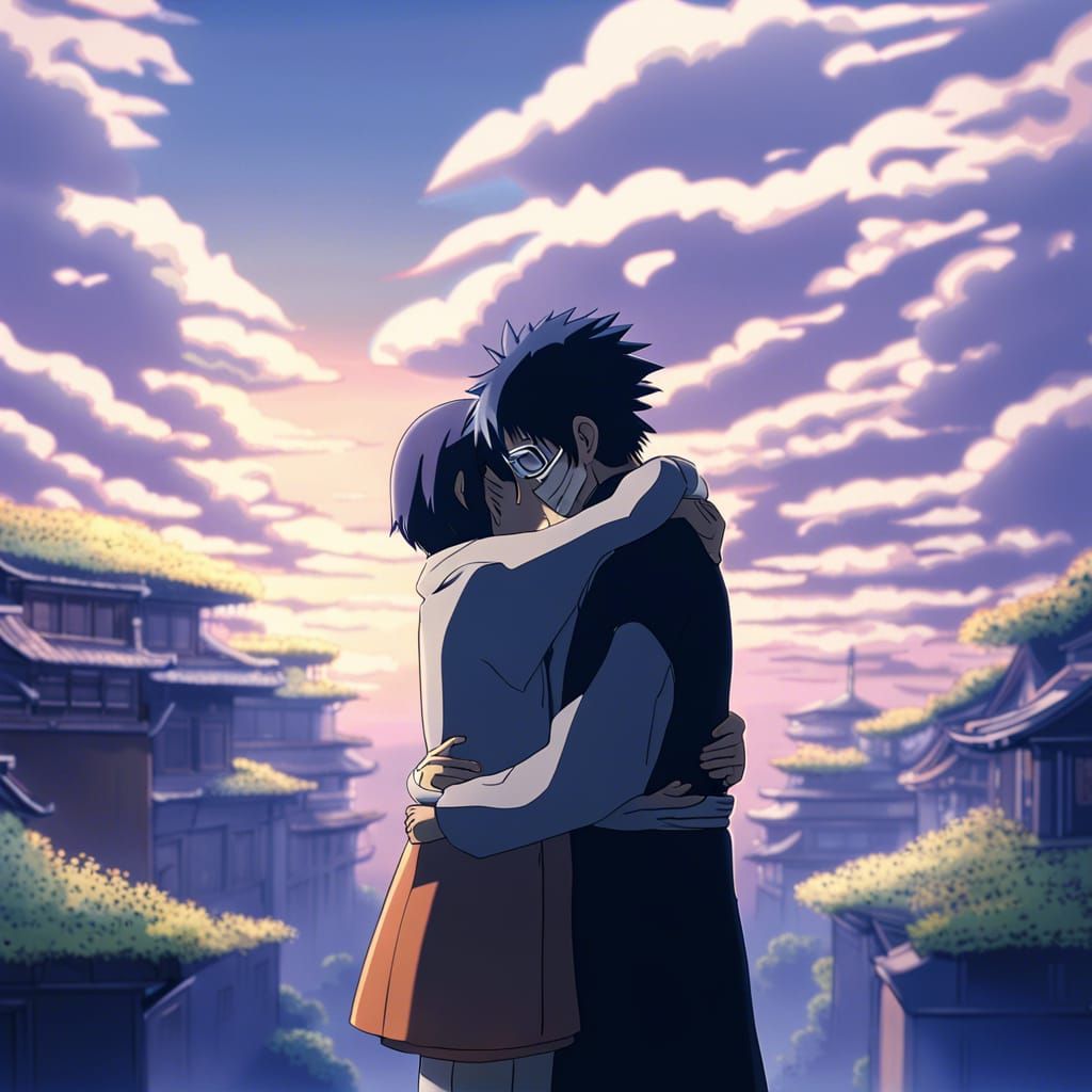 Obito and Rin: Anime-Style Embrace in Digital Painting